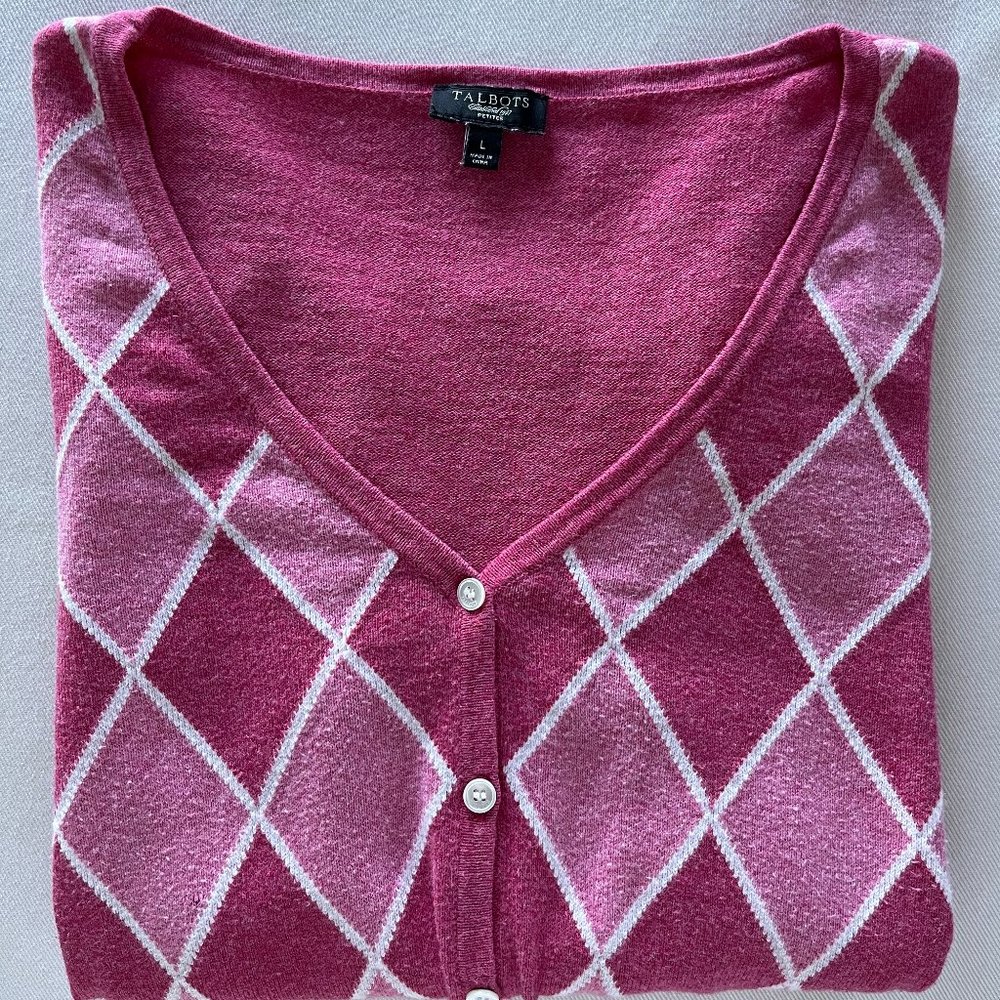 Talbots Argyle Cardigan Sweater Pink L
